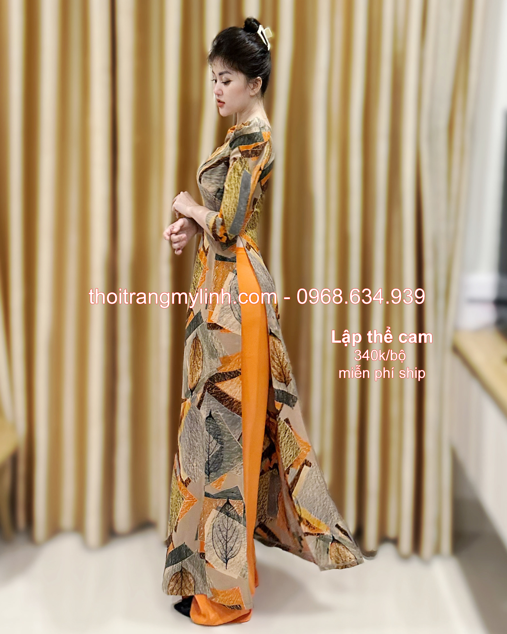Áo dài họa tiết họa tiết lập thể cam